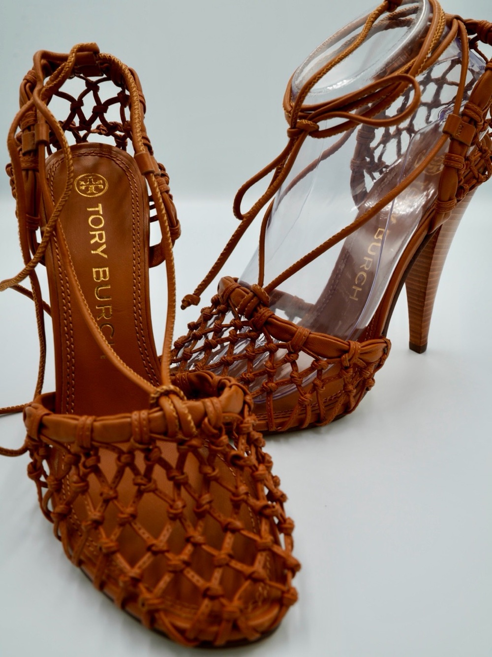 Tory Burch Helena Mesh Lace Pumps Ambra Brown Nappa Leather Heels 9.5